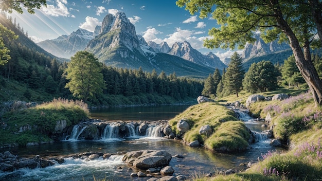 a mountain with a waterfall and a mountain in the background