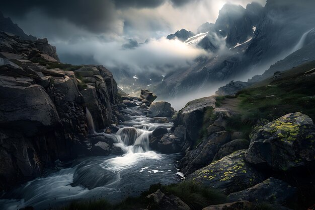 Photo a mountain with a waterfall and a mountain in the background