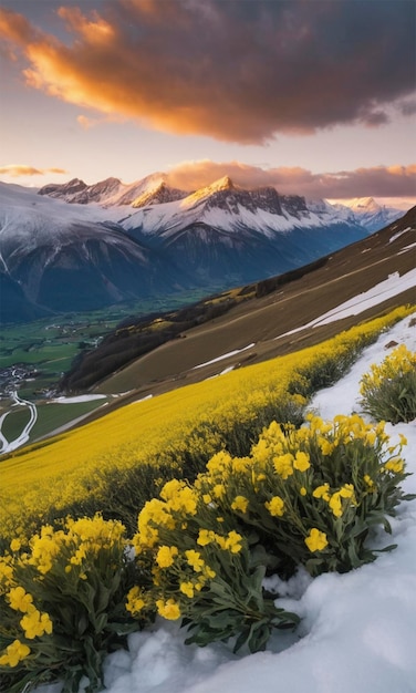 a mountain with a yellow field and a mountain in the background