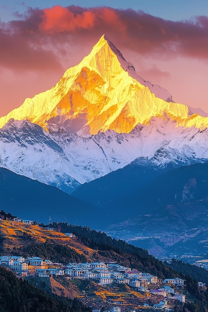 a mountain with a yellow and orange sunset in the background