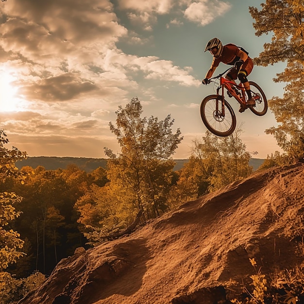 Mountainbiker rides in autumn forest