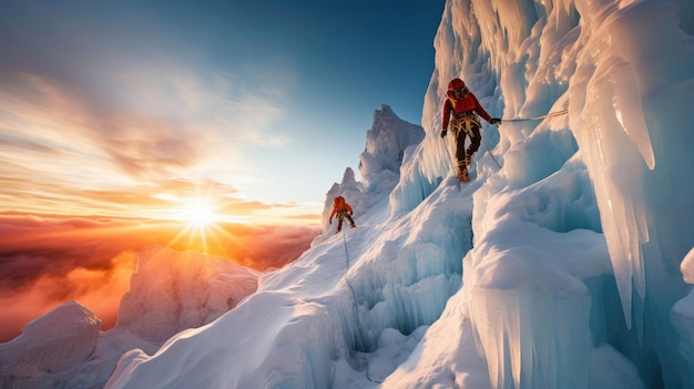 Mountaineer ascending vibrant ice wall