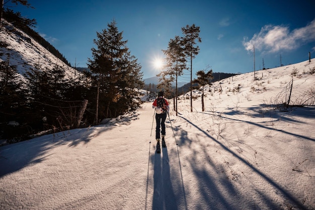 Mountaineer backcountry ski walking ski alpinist in the mountains Ski touring in alpine landscape with snowy trees Adventure winter sport