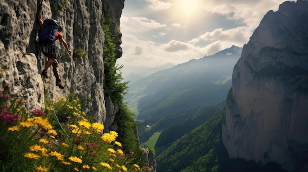 Mountaineer balances on alpine ledge