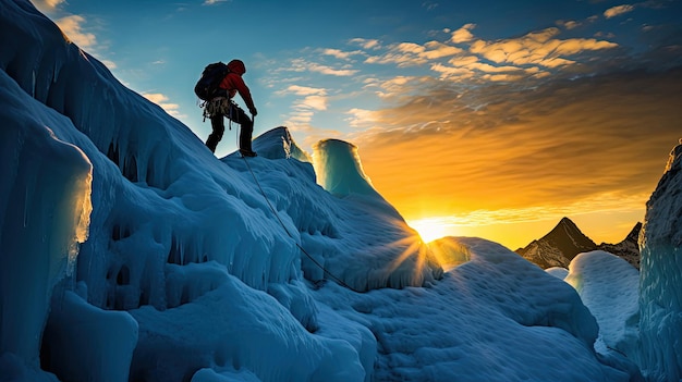 Mountaineer on challenging ice bridge