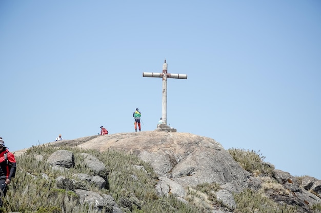 Mountaineer climbing brazil's highest peaks in the mountains with extensive hiking and backpacking.