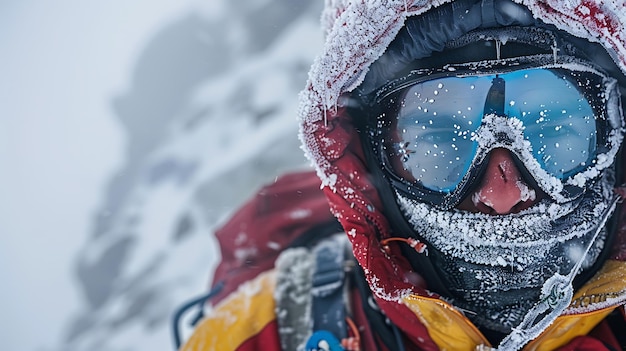 Mountaineer in Frosty Conditions Facing a SnowCovered Mountain