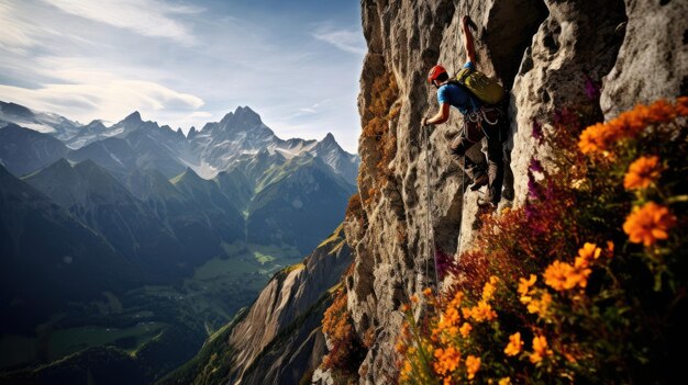 Mountaineer in midclimb on narrow ledge vibrant alpine vista colorful gear human endeavor