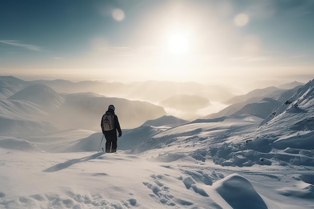 The mountaineer skier conquered the mountain in winter