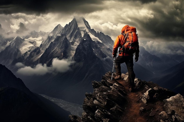 Photo a mountaineer stands on a mountain peak and looks at the clouds