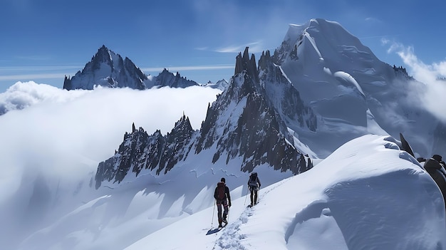 Mountaineers Ascending SnowCovered Peaks Amidst Clouds