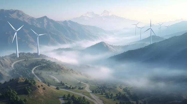 Mountainous area with mist and wind turbines generative ai