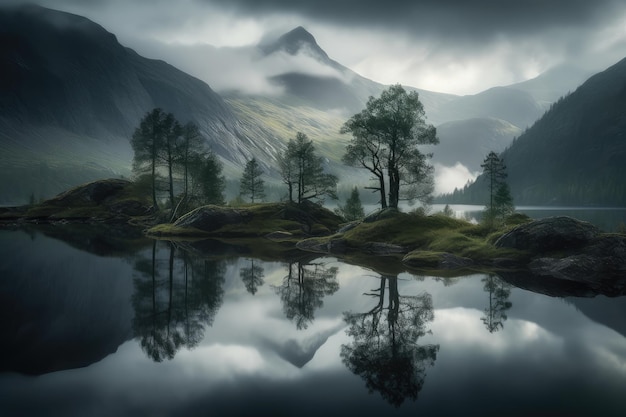 Mountainous and bleak landscape in Norway imposing and melancholic generative IA