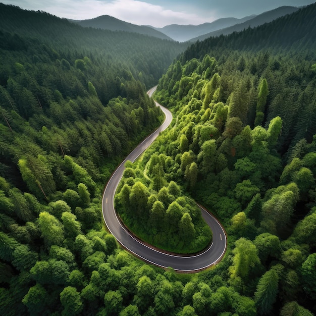 In mountainous environments with mountains You can see a remote highway from the car driving