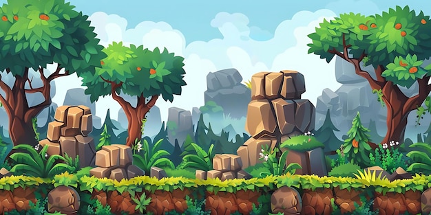 Mountainous Landscape adventure Illustration with Green Grass for background animation 2d cartoon