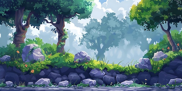 Mountainous Landscape adventure Illustration with Green Grass for background animation 2d cartoon