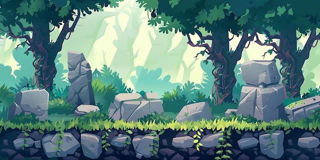 Mountainous Landscape adventure Illustration with Green Grass for background animation 2d cartoon