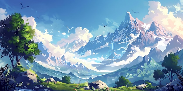 Mountainous Landscape Illustration with Blue Sky and Green Grass for background 2d cartoon