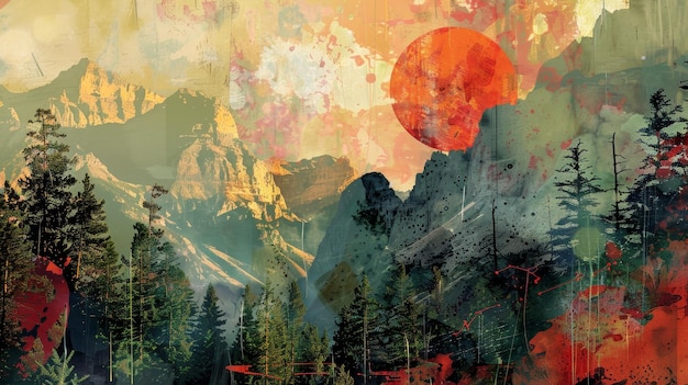 Mountainous Landscape with Red Sun A stunning abstract mountain scene with a large red sun in the