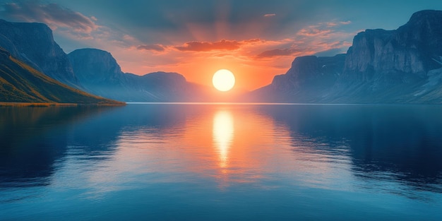 Photo mountainous landscape with sunset reflected in still water