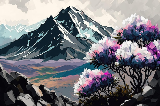 Mountainous mountain landscape in the springtime with a rhododendron in bloom