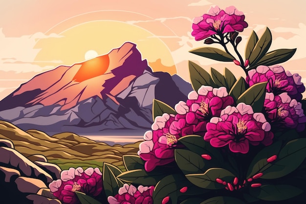 Mountainous springtime scene with a rhododendron flower and the rising sun