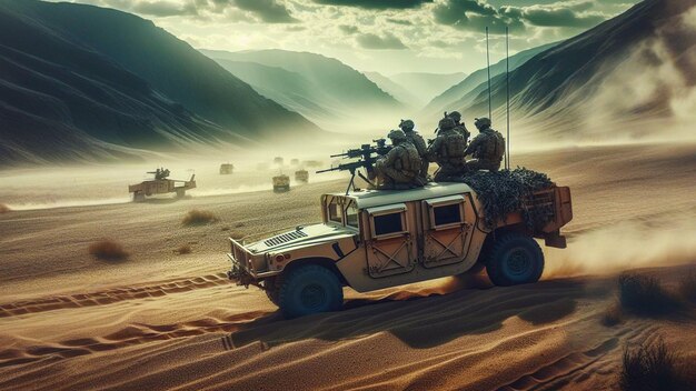 Mountainous Terrain Military Convoy with Tactical Units in Dust Clouds