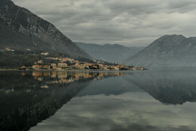 Mountains and the Adriatic Sea in Cloudy weather Dobrota Montenegro