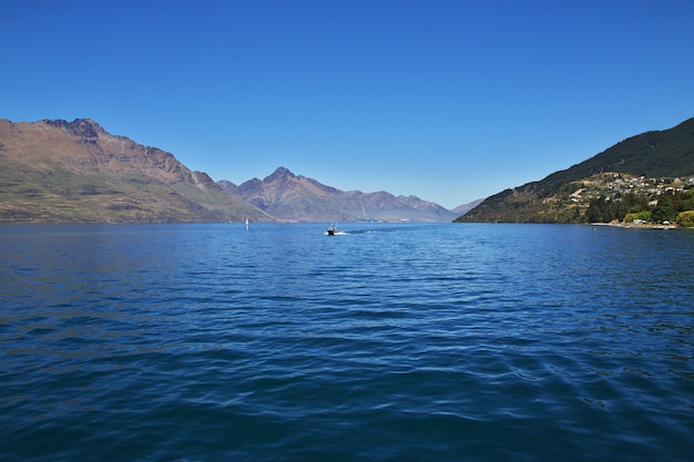 Mountains along the bay near Queenstown, New Zealand