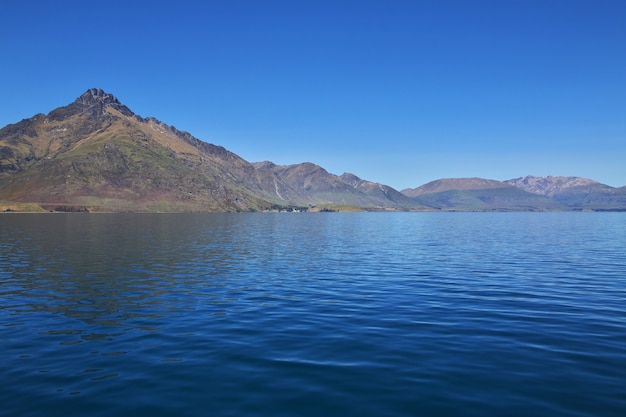 Mountains along the bay near Queenstown in New Zealand