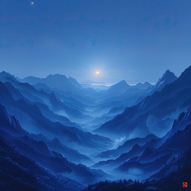 mountains are covered in blue fog and a bright moon