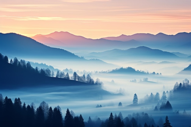 mountains are covered in fog and mist as the sun sets generative ai