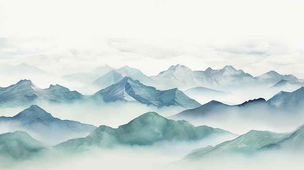 mountains are covered in mist and clouds in a hazy sky generative ai