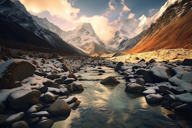 Mountains are covered in snow and rocks in a river generative ai