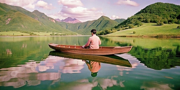 The mountains in the background have a green cover and are partially reflected in the lake