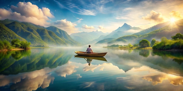 The mountains in the background have a green cover and are partially reflected in the lake