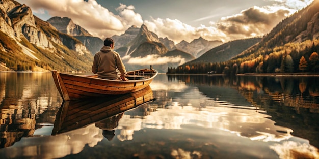 The mountains in the background have a green cover and are partially reflected in the lake