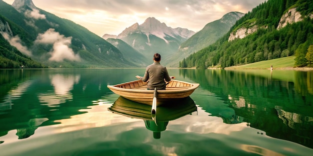 The mountains in the background have a green cover and are partially reflected in the lake