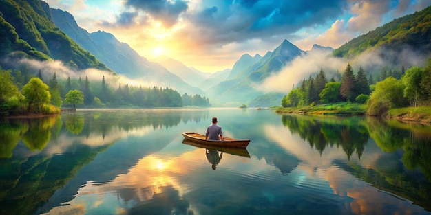 The mountains in the background have a green cover and are partially reflected in the lake