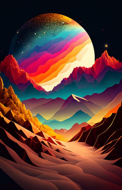 Mountains and a bright moon in the sky with a bright light generative ai