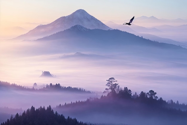 Mountains in clouds at sunrise in summer Aerial view of mountain background illustration ai generative