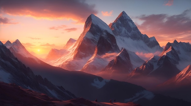 Mountains in the clouds at sunset 3d illustration