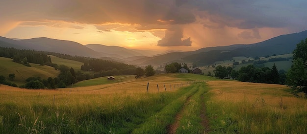 Photo the mountains and colorful sunsets illuminating the valley below