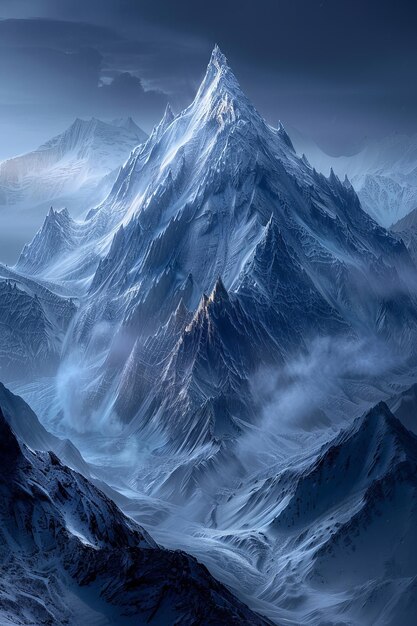 mountains covered in snow and clouds in a dark sky