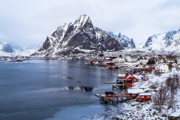 The mountains and fishing huts in the village of Reine in Lofoten Islands