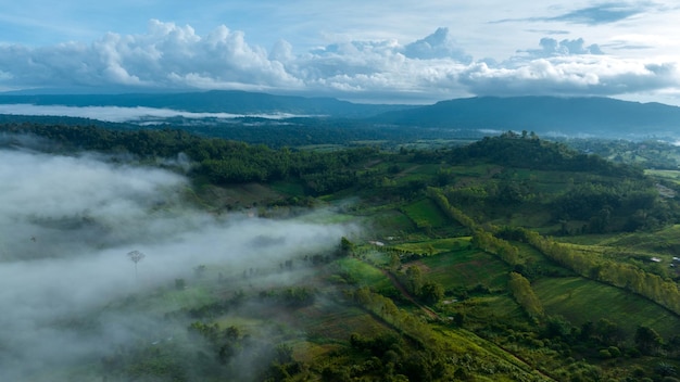 Mountains in fog at beautiful autumn in Phetchabun Thailand Fog mountain valley low clouds forest colorful sky with pine trees in spruce foggy forest with bright sunrise