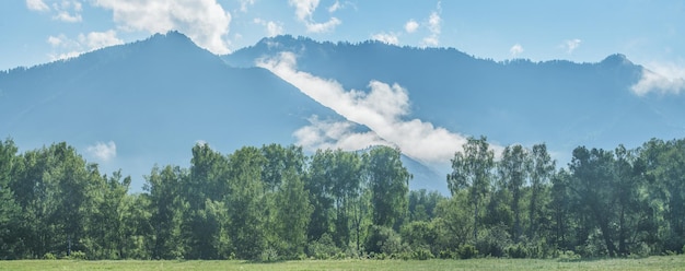 Mountains in the fog panoramic rural view morning mist summer