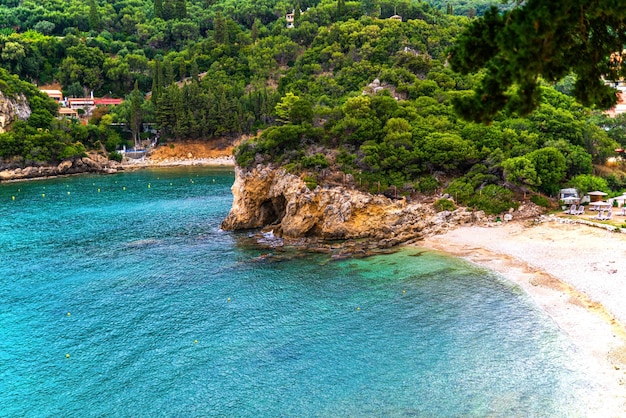 Mountains and forestry hills surround resort on Corfu island