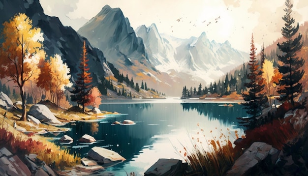 Mountains forests and a lake are shown in a watercolor Generative Ai