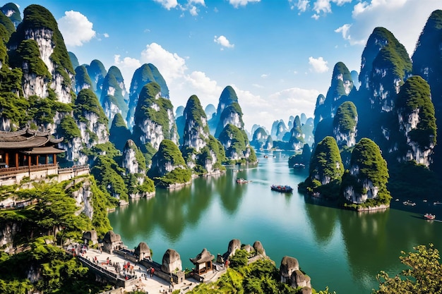 The mountains of guilin are surrounded by mountains and the river is surrounded by mountains.